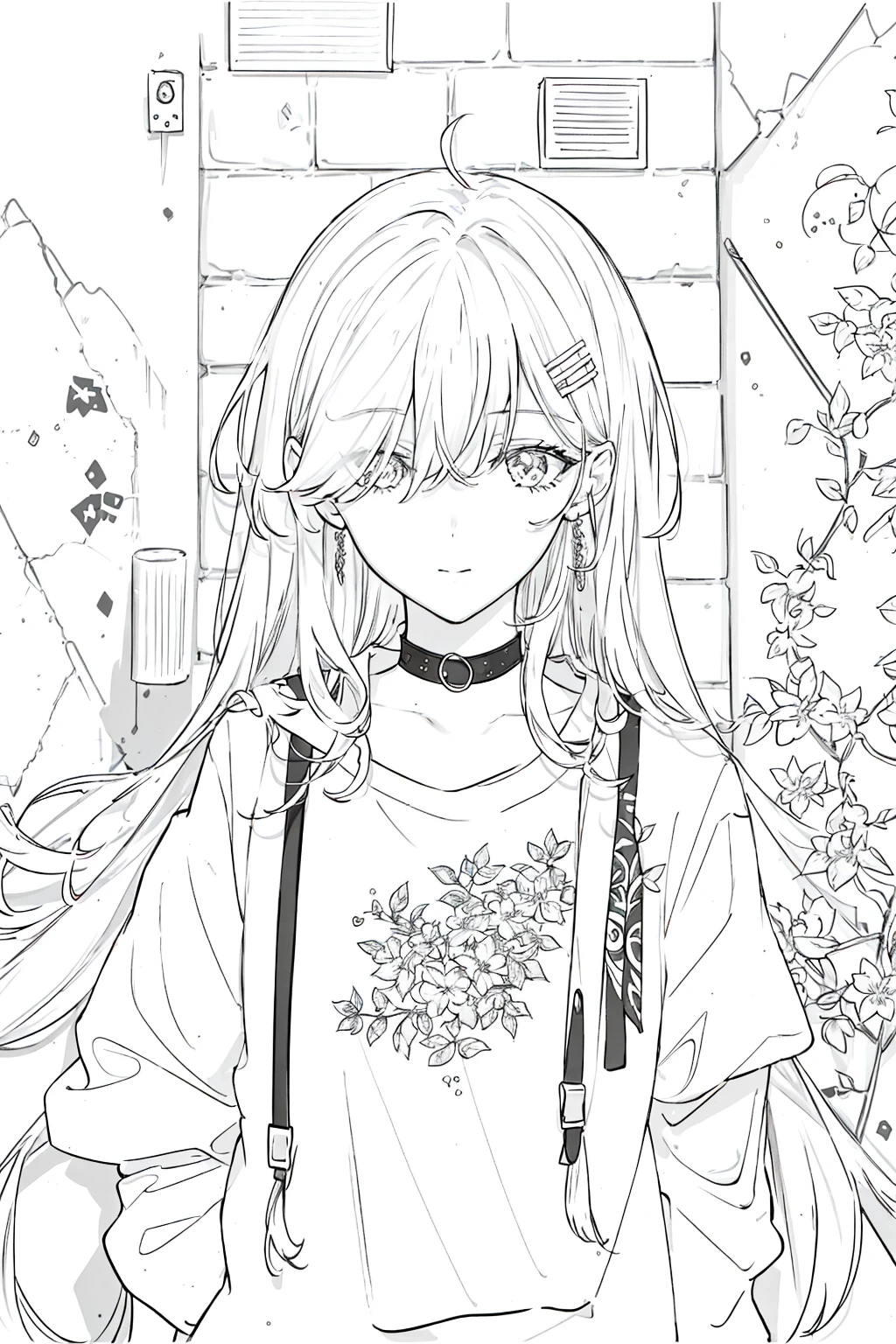 Best Quality Intricate Details Lineart Monochrome 1girl Long Hair Black Hair Messy Hair