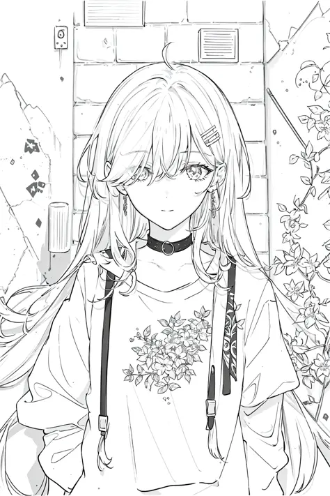 beste Qualität, komplizierte Details, lineart, monochrome,

1 Mädchen, lange Haare, schwarzes Haar, Zerzaustes Haar, Haare über einem Auge, gute Augen, 

HALSBAND, Hemd, zerrissene Beinbekleidung, offene Jacke, 

gegen die Wand, Ziegelwand, Graffiti, Licht dimmen, Gasse

