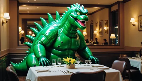 Cinematic, dramatic, aesthetic,  inflatable green dark  Godzilla at a fancy restaurant in a date with winona Ryder<lora:Inflatab...