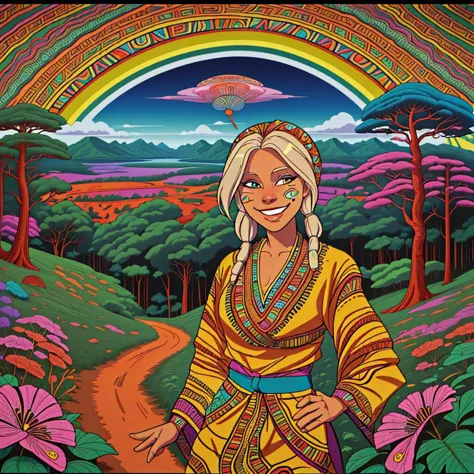 <lora:psychedelic-landscape:0.85> psychedelic landscape, (medium shot of a Swedish woman wearing a dashiki, smiling:1.3))