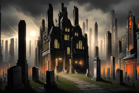 mad-ropolis-movie, a foggy cemetery at night, haunted house, red scene