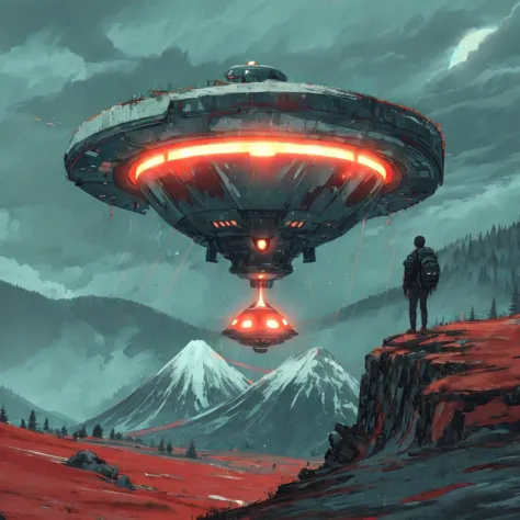 an alien spaceship hovering above a mountain landscape