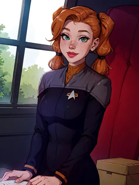 (ds9st operations:1.3),black sleeves BREAK
 1girl, orange_pigtails, (freckles:1.3), smiling_at_viewer, green_eyes
BREAK
in a hangar, standing
BREAK
(8k, RAW photo, best quality, masterpiece:1.2),ultra-detailed, (high detailed skin:1.2), 8k uhd, dslr, soft lighting, high quality