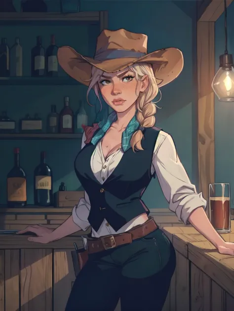 (8k, RAW photo, best quality, masterpiece:1.2),ultra-detailed, (high detailed skin:1.2), 8k uhd, dslr, soft lighting, high quality,  rdr2sadie, 1girl, freckles, braid, shirt, cowboy hat, long hair, looking at viewer, scarf, rolled_up_sleeves, pants, white shirt, in_saloon, solo, cowboy_vest, cleavage, serious, black_jeans, standing, looking_at_viewer, badass, indoors, bar, bottles_on_bar