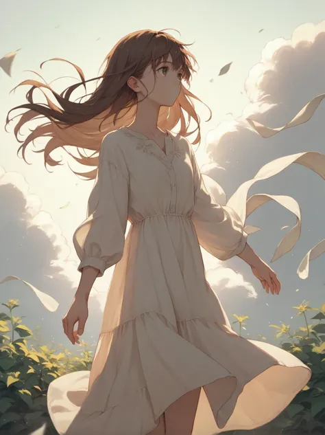 a woman in a white dress walking through a field of flowers