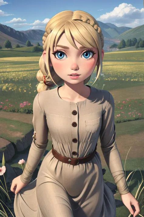 a cartoon girl in a dress is standing in a field