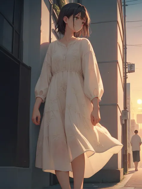 a woman in a white dress walking down a street next to a building