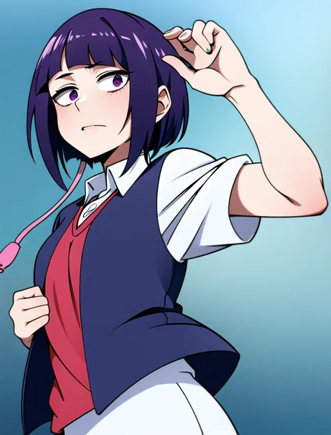 anime girl with purple hair and a blue vest holding a pink toothbrush