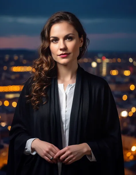 a woman in a black robe standing in front of a city