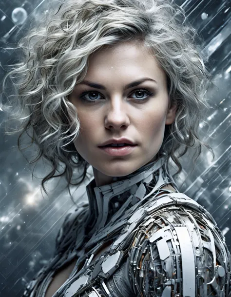 a woman with a futuristic look in a silver outfit