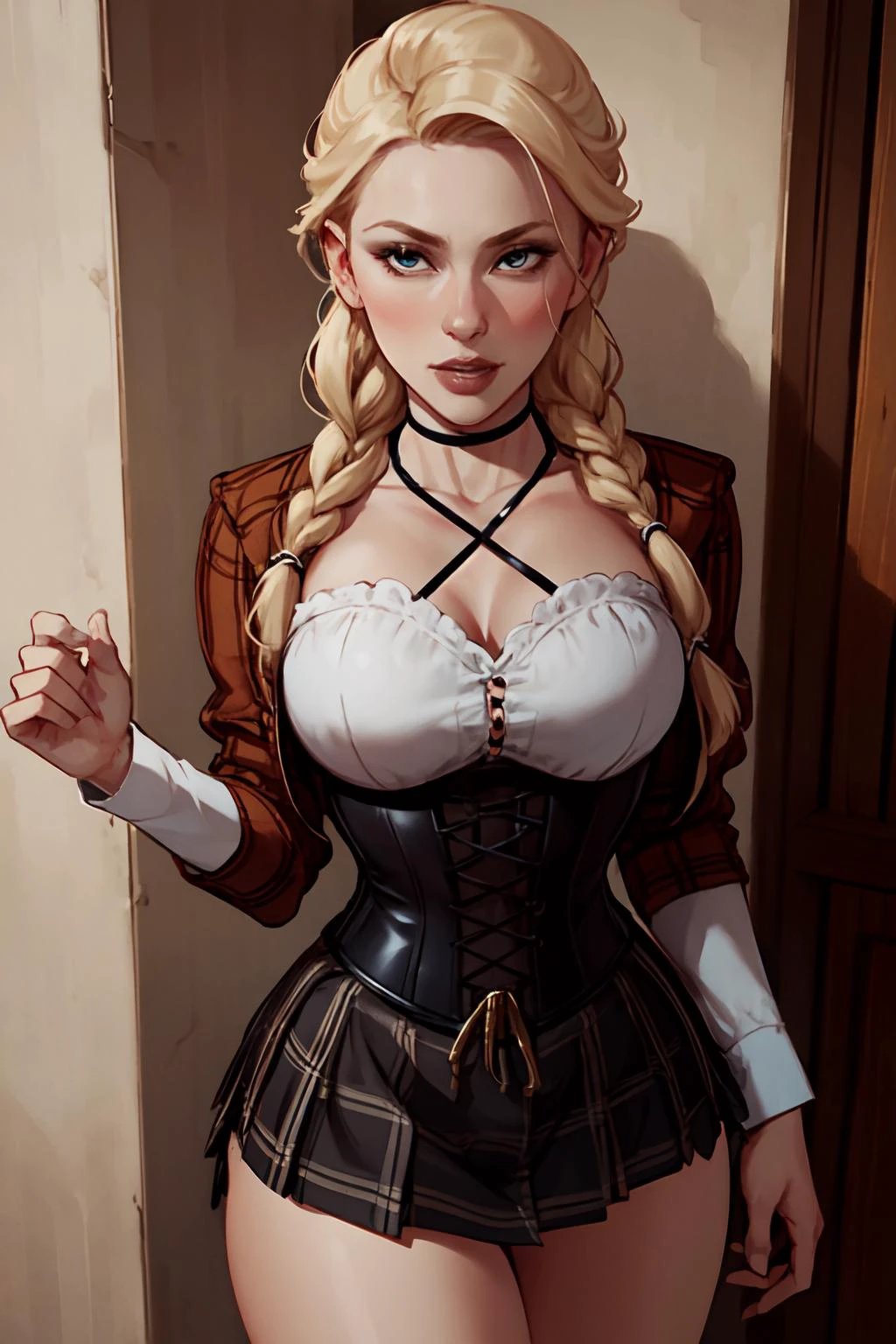 ch3rryg1g, cowboy shot of beautiful blonde lady, braid, black corset, choker, white ornate dreass, plaid skirt  