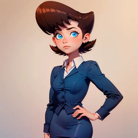 solo, portrait, 1girl, Lila test, formal, suit, jacket, blue skirt, pencil skirt , blue eyes, brown hair, white shirt, short hai...