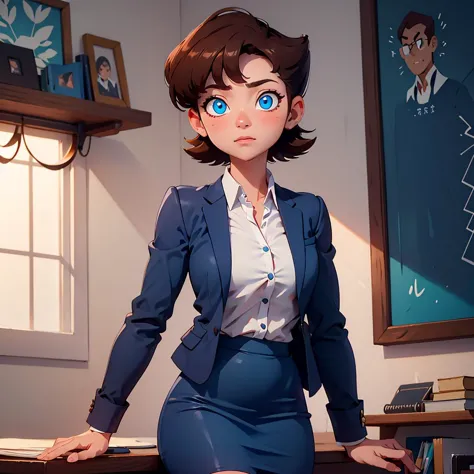 solo, 1girl, Lila test, formal, suit, jacket, blue skirt, pencil skirt , blue eyes, brown hair, white shirt, short hair,  <lora:...