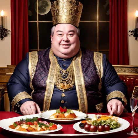 a jolly fat man in opulent noble clothing at a resplendent dining table with a cornucopia of food options available, candles, nighttime, moonlight shining through window, insane detail, intricate realism, photogenic, 12k hd