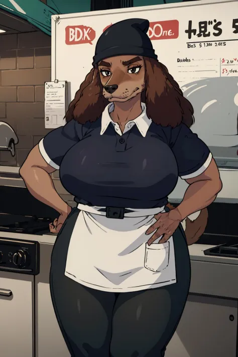 (masterpiece, best quality:1.2),  sam (bts), 1girl, solo, furry, apron, breasts, hat, shirt, furry female, collared shirt, animal ears, blue shirt, short sleeves, plump, waist apron, black headwear, snout, dog girl, large breasts, dog ears, pants, black pants, black eyes, beanie, white apron, animal nose, long hair, body fur, brown fur, outdoors, nature, forest,