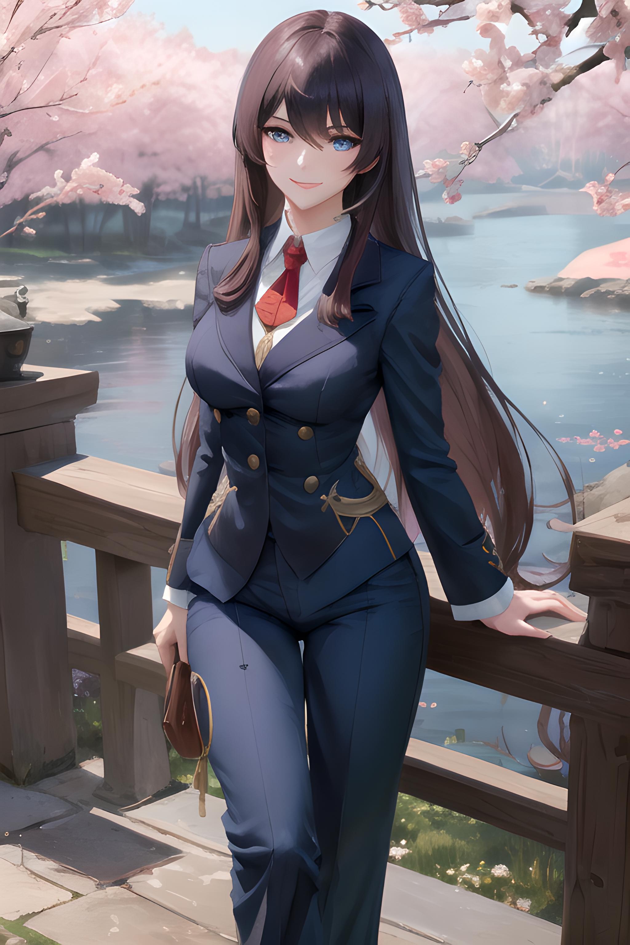 Anime girl in uniform posing on a bridge with cherry blossoms - SeaArt AI