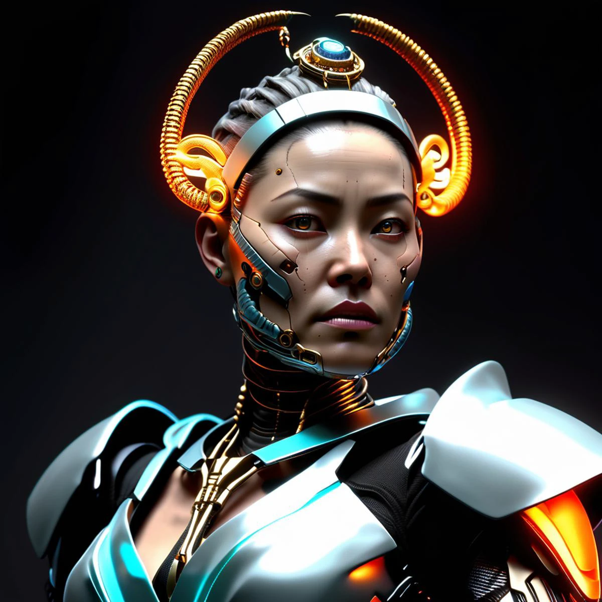 ((best quality)), ((masterpiece)), ((realistic,digital art)), (hyper detailed),female Underground Surgeon, Cybernetic Mercenaries, Human mercenaries with cybernetic implants and body augmentations, Middle-aged, Stacked, Southeast Asian, Amber eyes,   Pointed Chin, Overbite Jaw, Round Cheeks, Receding Forehead,  Well-formed Back Muscles, Jaw, Grey Crown braid hair, Worry, Pensive Posture, Character stands with one hand on the chin, lost in thought or contemplation., Holographic Hologram Wings wearing  Holographic Kimono Skirt,  Cyber-Satin Wrap, , , ,Bioluminescent Veil ,, Ready for Action, Character crouches with legs bent, ready to spring into action. ,scifi, realistic, nose, cyborg,  octane rendering, raytracing, volumetric lighting, Backlit,Rim Lighting, 8K, HDR, 