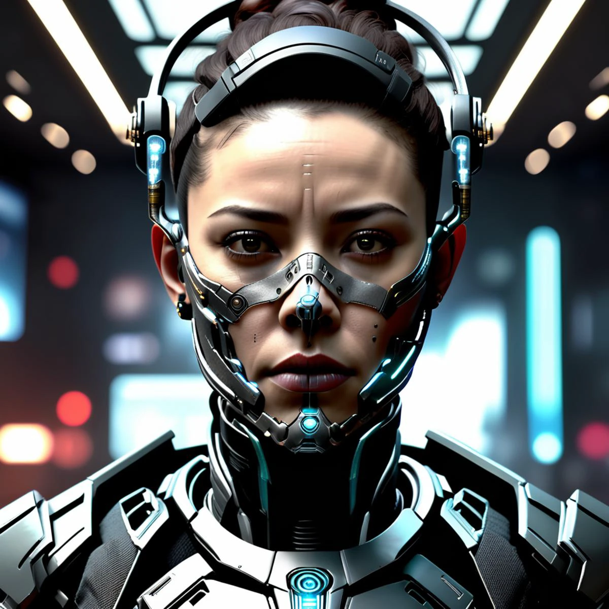 femme spécialiste de la criminalité virtuelle, science-fiction, réaliste, nez, cyborg,