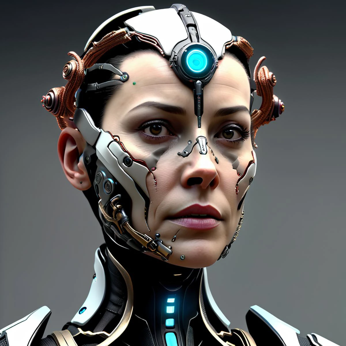 female Neuroplasticity Consultant, scifi, realistic, nose, cyborg,