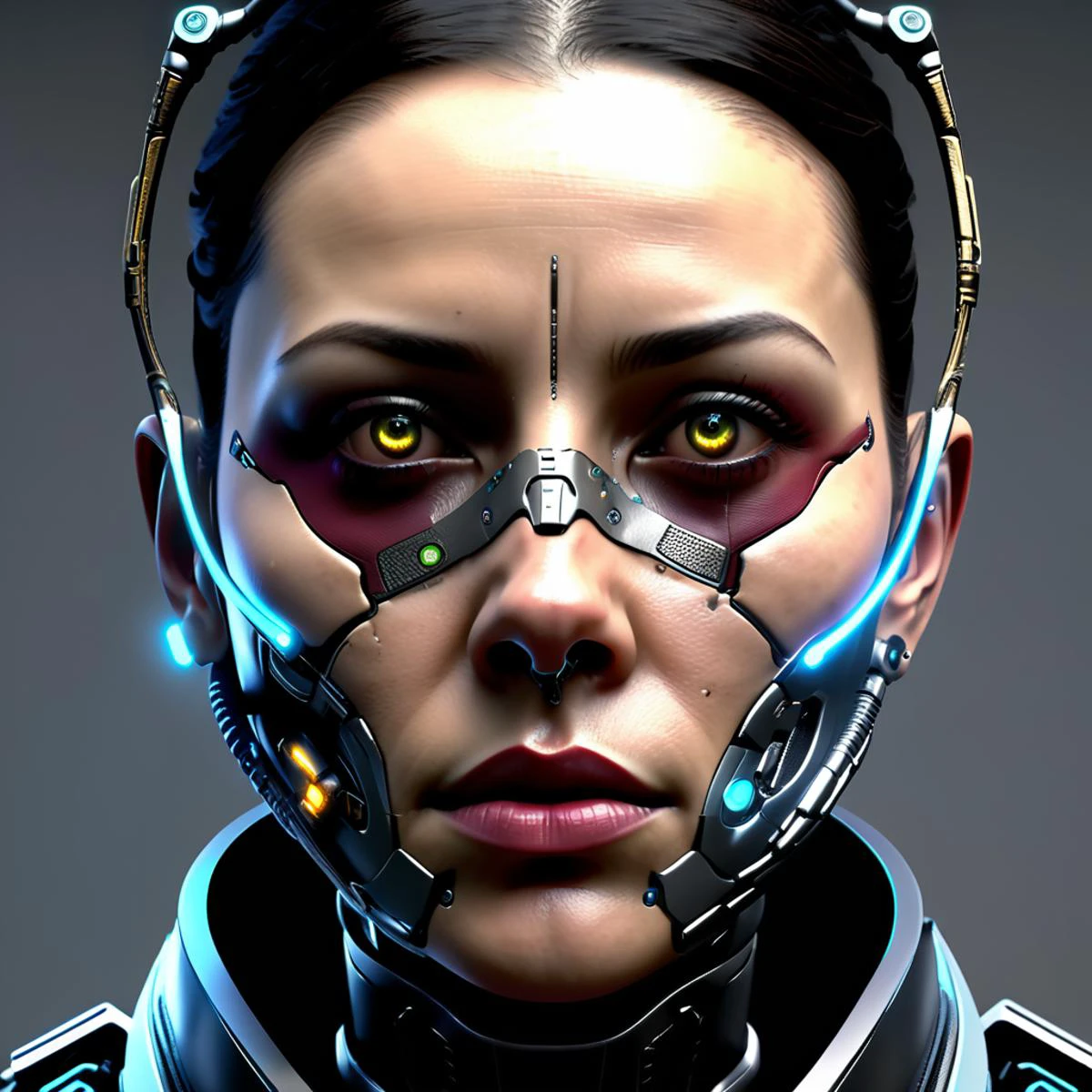 female Virtual Crime Scene Investigator, scifi, realistic, nose, cyborg,