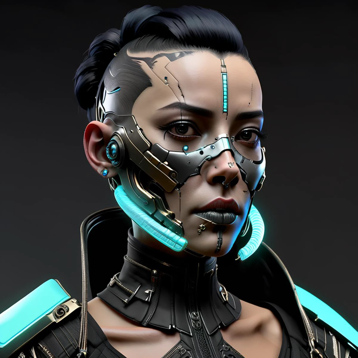 Costureira Cyberpunk feminina, ficção científica, realista, nariz, ciborgue,