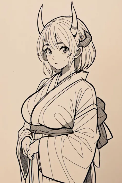 a drawing of a woman in a kimono outfit with horns