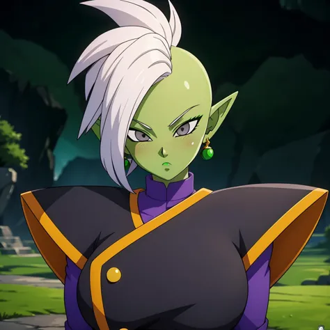 Best_QualityPos, RAW photo, intricate details, best quality, 8k uhd, soft lighting, solo, 1girl, large breasts, blush, colored skin, green skin, mohawk, white hair, grey eyes, single earring, green earring  <lora:Zamasu:0.7>