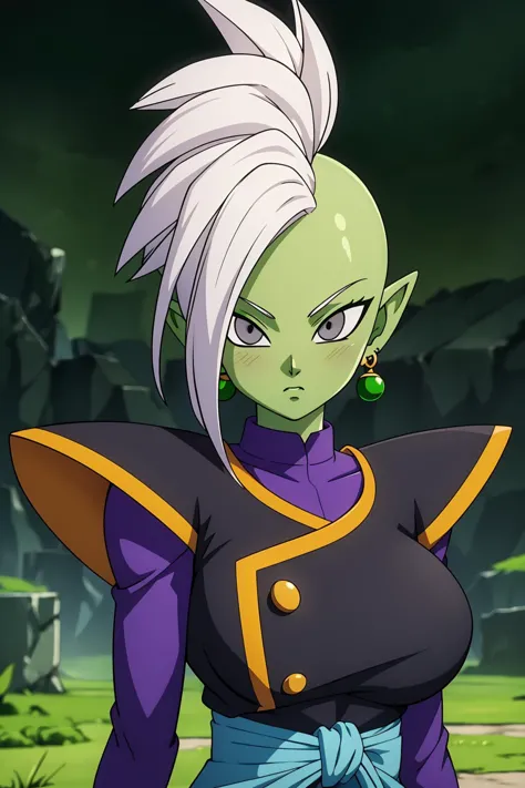 Best_QualityPos, RAW photo, intricate details, best quality, 8k uhd, soft lighting, solo, 1girl, large breasts, blush, colored skin, green skin, mohawk, white hair, grey eyes, single earring, green earring  <lora:Zamasu:0.7>