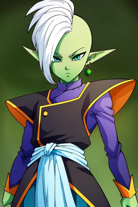 a cartoon image of a young green haired woman with white hair