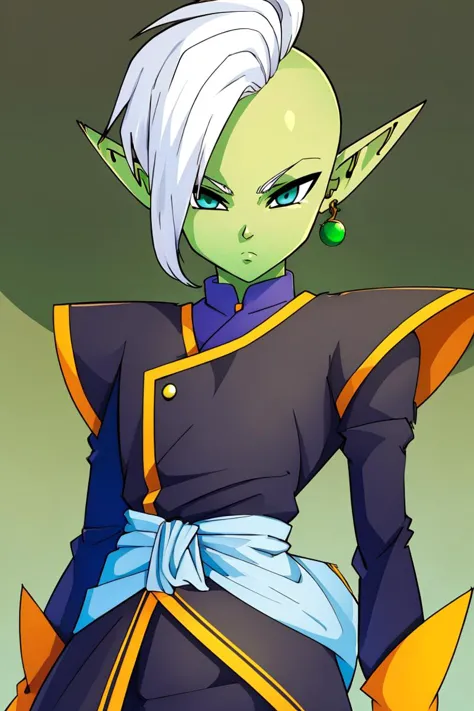 a cartoon image of a female dragon with white hair and green eyes