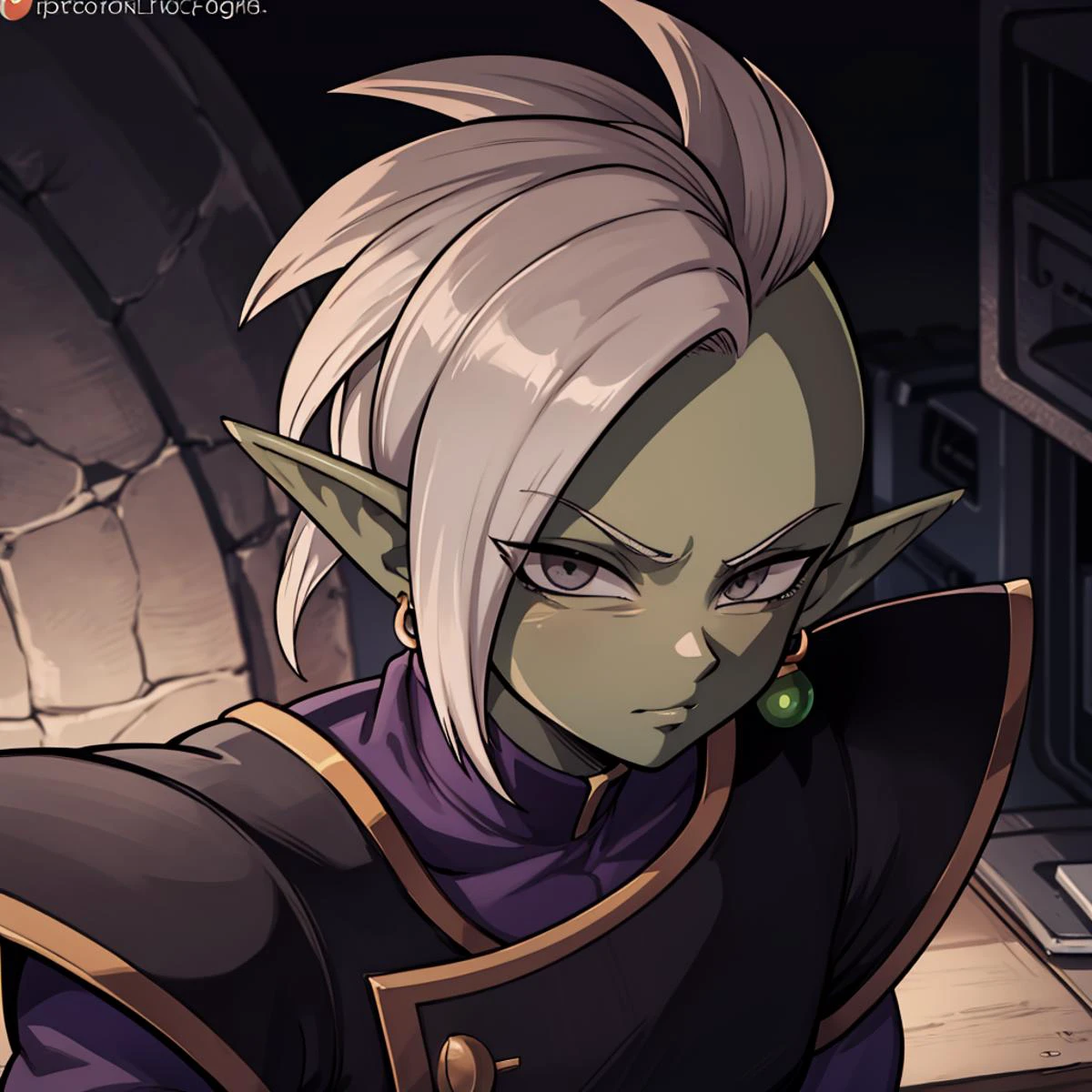 Best_QualityPos, RAW photo, intricate details, best quality, 8k uhd, soft lighting, 1boy, solo, Zamasu, colored skin, green skin, mohawk, white hair, grey eyes, single earring, dougi, pointy ears  