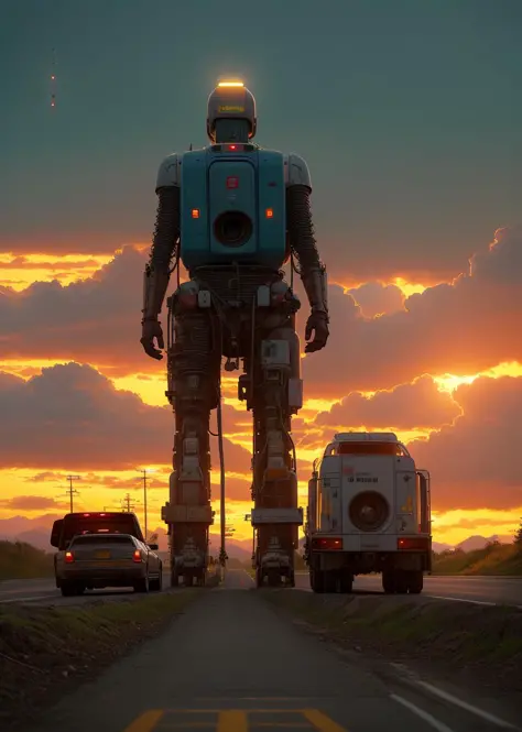 simon stalenhag style, 
masterpiece, best quality, 8k,  , sharp focus, ultrarealistic, 
raw photo of 
highway and giant dead disfunctional robot from series PEACE, DEATH an OTHER TRIVIA, 
((backround defocused)):1.4, (depth of field):1.4