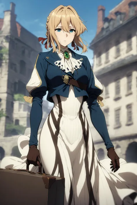 masterpiece, best quality, very aesthetic, absurdres, aave, braid, hair ribbon, red ribbon, jewelry, white ascot, brooch, blue jacket, long sleeves, brown gloves, white dress, long dress, <lora:violet_evergarden_XL_v1(anima):0.9>, standing, cowboy shot, outdoors, holding suitcase, suitcase