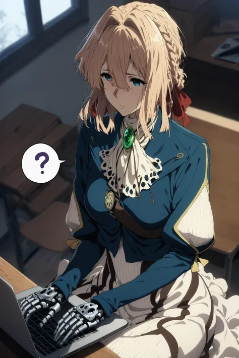 masterpiece, best quality, very aesthetic, absurdres, aave, braid, hair ribbon, red ribbon, jewelry, white ascot, brooch, blue jacket, long sleeves, mechanical hands, white dress, long dress, violet evergarden, <lora:violet_evergarden_XL_v1(anima):0.9>, indoors, window, sitting, desk, laptop, ?, spoken question mark,