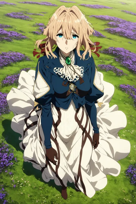 masterpiece, best quality, very aesthetic, absurdres, aave, braid, hair ribbon, red ribbon, jewelry, white ascot, brooch, blue jacket, long sleeves, brown gloves, white dress, long dress, violet evergarden, <lora:violet_evergarden_XL_v1(anima):0.9>, field, from above, full body, standing, wind, looking at viewer,