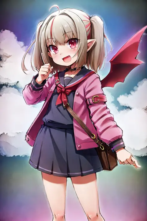 best quality, masterpiece, ultra high res, upper body, 1girl, solo, (makaino ririmu:1.3), demon girl, demon wings, red wings, ahoge, grey hair, multicolored hair, streaked hair, red hair, medium hair, twintails, sidelocks, pointy ears, red eyes, skin fang, red choker, pink jacket, open jacket, white shirt, serafuku, handbag, blue miniskirt, leg tattoo, smile, open mouth, street <lora:hagayui:0.8>