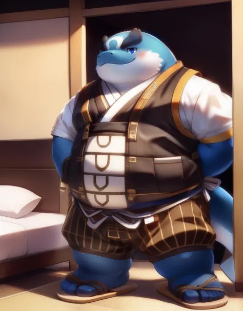 (((detailed eyes, detailed face))), (bara, kii <lora:character_kii_findigo_v2:1>, fish tail, blue body), male, (plump, fat, chubby, overweight), (japanese clothes, sleeveless, vest, sandals), standing, arms behind back, smile BREAK (konzaburou, ukan_muri, cute), bedroom, (soft shading), 8k, UHD, masterpiece