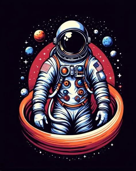 astronaut t-shirt design, text logo: Space, flat colors, (black background), <lora:Harrlogos_v1.1:1> <lora:last:1>