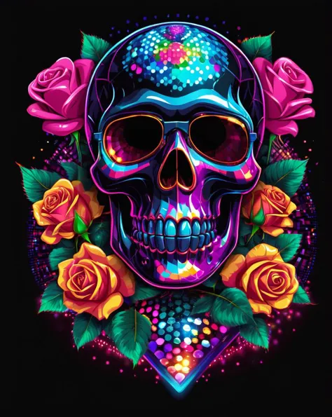 Disco-themed skull head, roses, t-shirt design, ((black background)) <lora:last:1>,  <lora:add_detail:1> . Vibrant, groovy, retr...