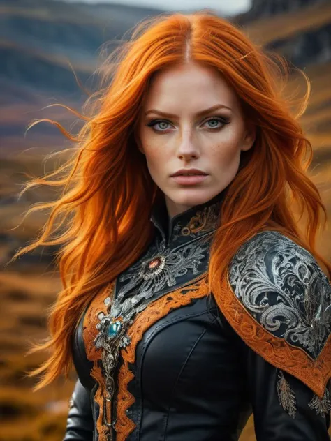 1girl, beautiful, orange hair, fantastical hair, standing in the highlands, focus on eyes, intricate detailed background, cowboy shot, sfw,