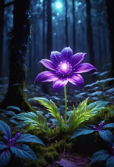 purple glowing flower in magical forest, midnight