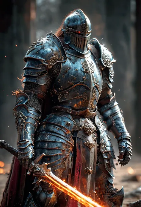 a close up of a knight with a sword in a forest