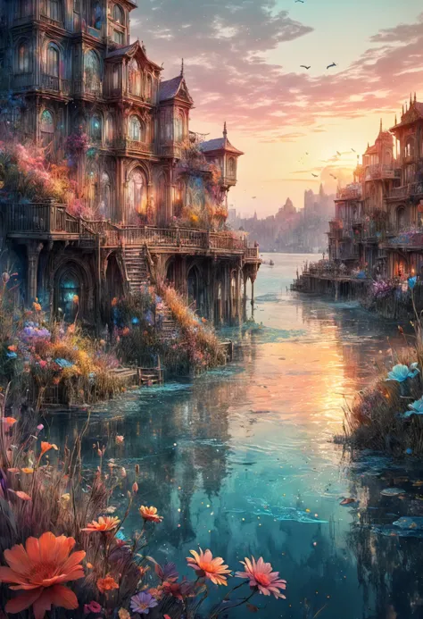 <(Digital watercolor Illustration of a summerscape sunset, by JB, Waterhouse, Carne Griffiths, Minjae Lee, Ana Paula Hoppe, Stylized watercolor art, Intricate, Complex contrast, HDR, Sharp, soft Cinematic Volumetric lighting, flowery pastel colours, wide long shot, perfect masterpiece:):1.0>, <(detailed matte painting, deep color, fantastical, intricate detail, splash screen, complementary colors, fantasy concept art, 8k resolution trending on Artstation Unreal Engine 5):0.9>