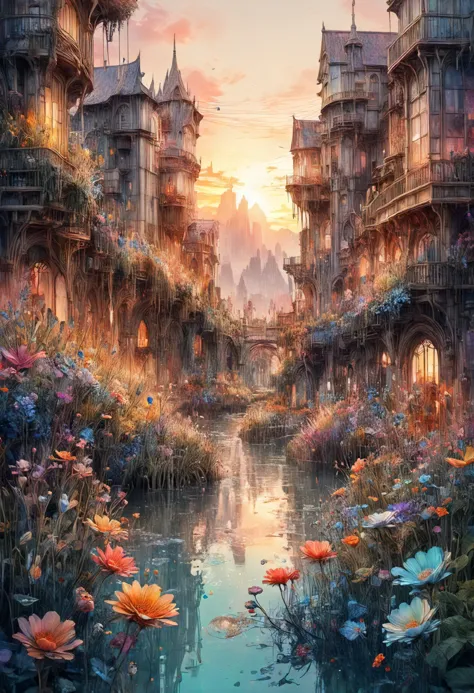 a painting of a river surrounded by flowers and buildings