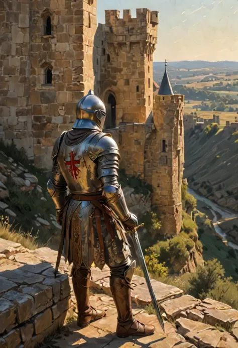 Medium: Oil on canvas, richly textured with impasto brushstrokes, evoking a sense of weathered stone and worn armor.  Scene: A lone Templar Knight stands vigil on the battlements of a majestic castle. Sunlight bathes the scene in a golden glow, casting long shadows across the ramparts. Below, a rolling landscape stretches out, dotted with distant villages and winding rivers.  The Knight: His polished armor gleams in the sunlight, emblazoned with the iconic Templar cross. Weathered features, etched with the lines of experience, speak of years spent in service. His gaze is fixed on the horizon, a stoic expression masking the vigilance beneath. A worn sword rests at his side, a reminder of his readiness to defend his ideals.