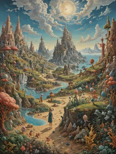 a painting of a woman walking down a path in a fantasy landscape