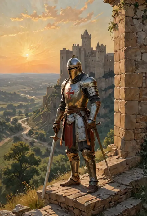 a painting of a knight standing on a stone wall with a sword