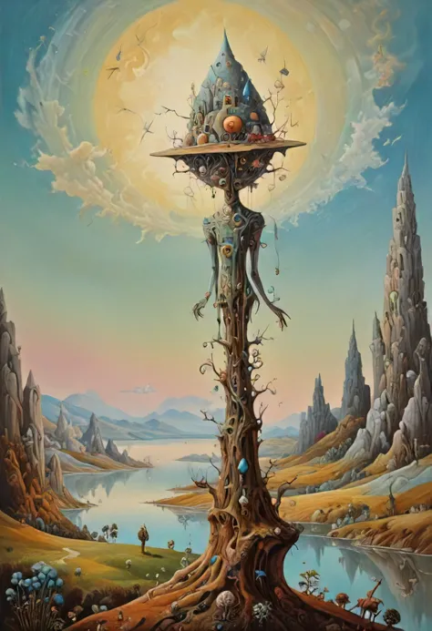 a painting of a tree with a tower on top of it