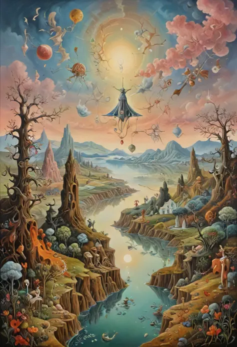 (Surrealism and Abstract Oil Painting:1.25), a human figure on a whimsical mystical landscape, art by Breton and Carrington and Dal and Ernst and Fini and Magritte and Oppenheim and Picasso, intricate details, masterpiece, very artistic, perfect composition