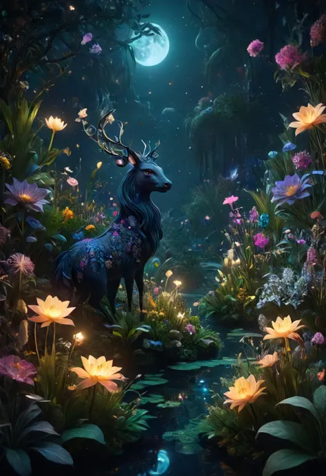 a deer standing in a forest with flowers and a full moon